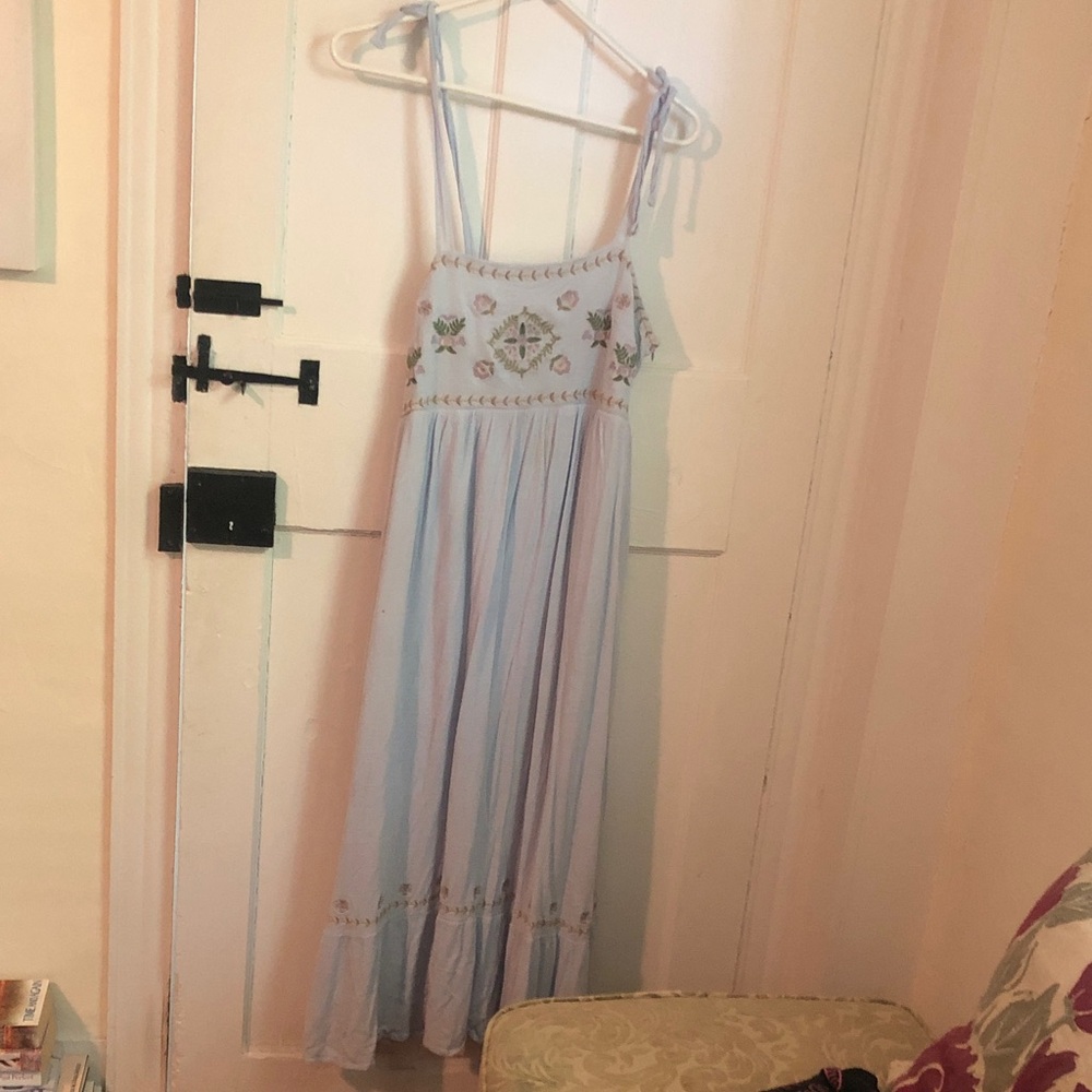 In Bloom Light Blue Embroidered Tie-Strap Maxi Dress